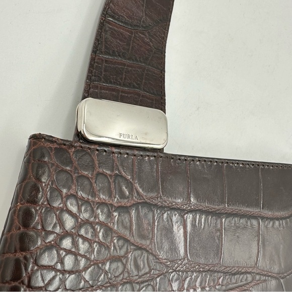 Vintage Furla Genuine Leather Croc Embossed Brown Shoulder Bag - Picture 6 of 14